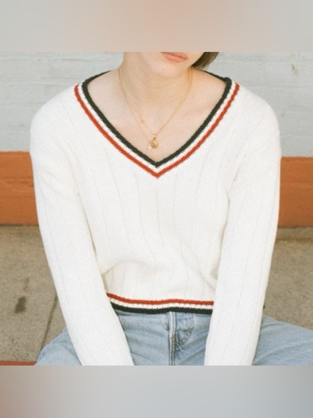 Brandy Melville White V-Neck Ribbed Knit Nicole Sweater with Red & Black Trim